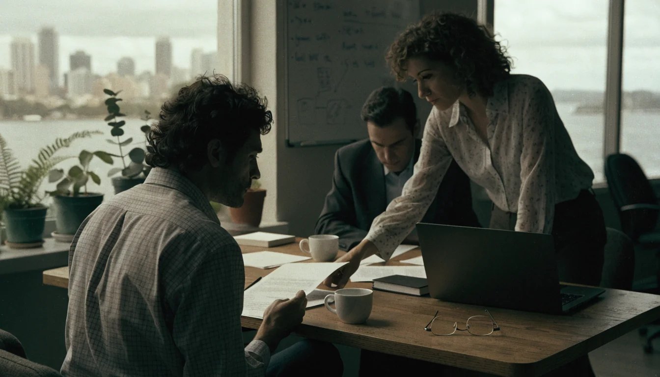 Australian editorial team reviewing casino assessment documents in a bright Sydney office.