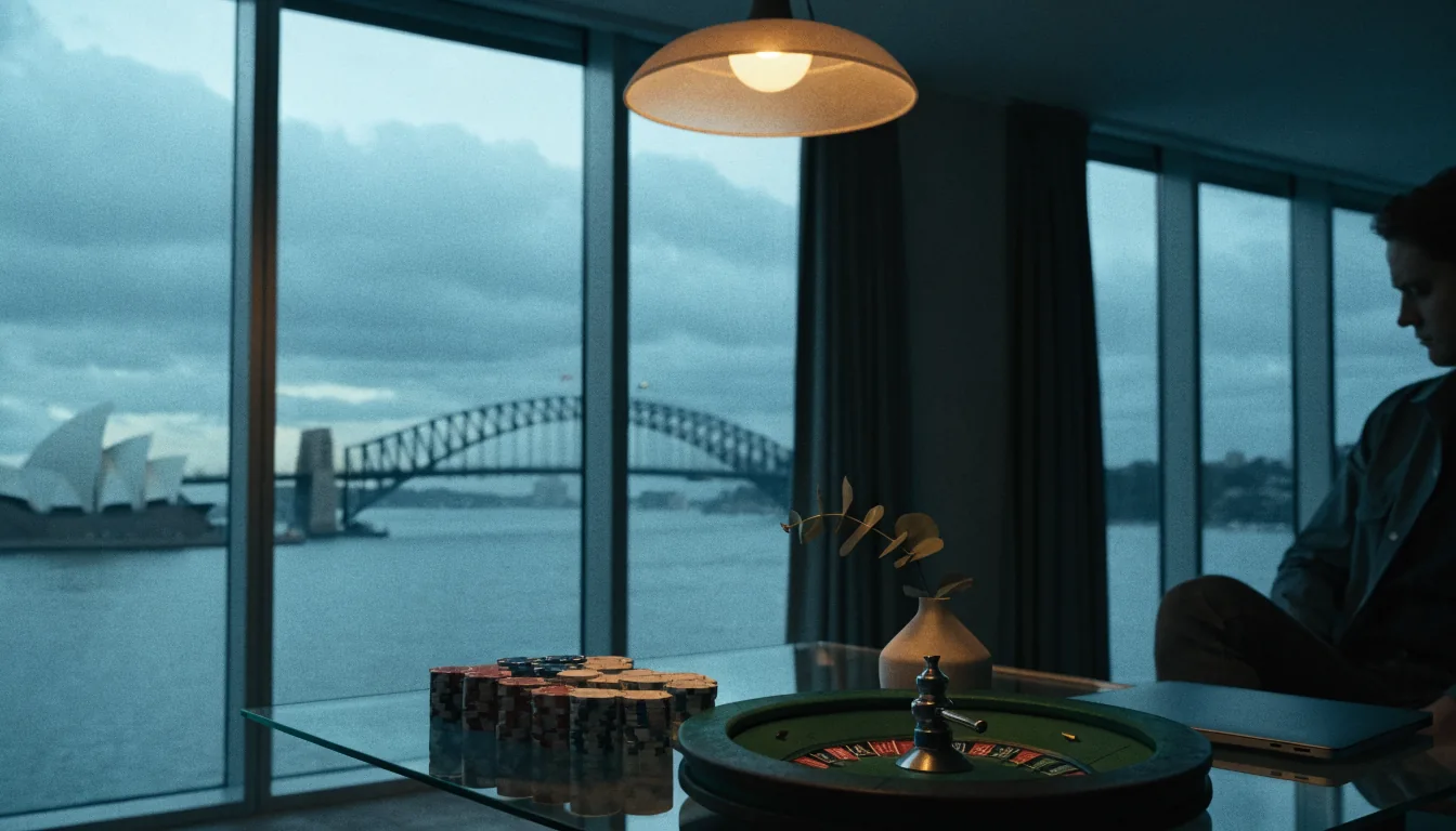 Sydney penthouse at dusk with poker chips, roulette wheel and closed laptop overlooking the harbour.
