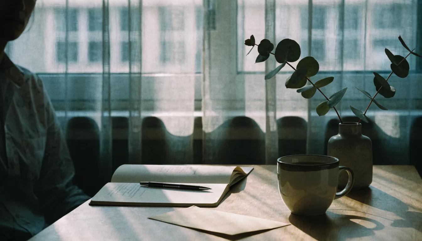 Sunlit desk with notebook, coffee mug, and eucalyptus sprig by a window.