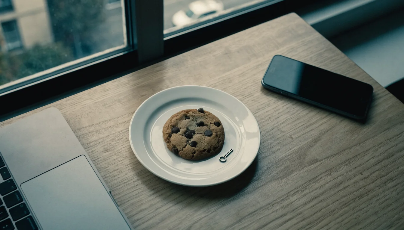 Chocolate chip cookie beside a laptop and smartphone on a wooden table, suggesting digital cookies and privacy.
