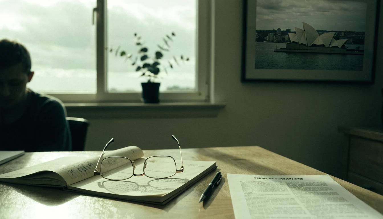 Sunlit desk with printed disclaimer document, reading glasses, notebook, and Australian decor.