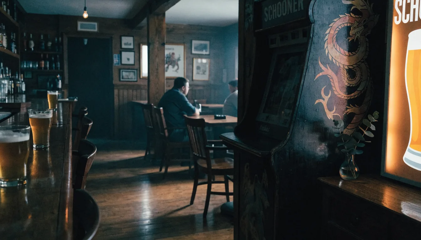 Dragon-themed gaming cabinet inside an Australian pub with warm amber lighting