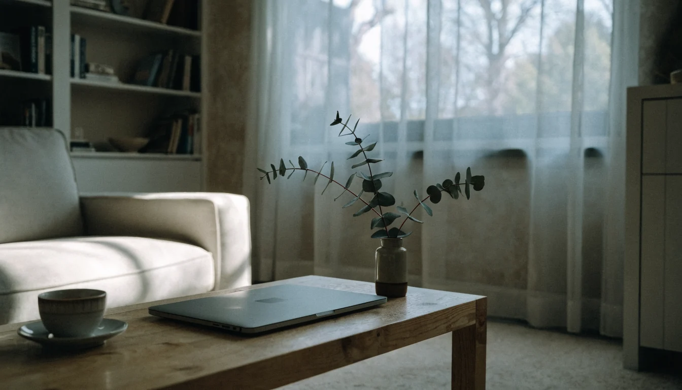 Closed laptop on coffee table in sunlit Australian living room with eucalyptus branch.