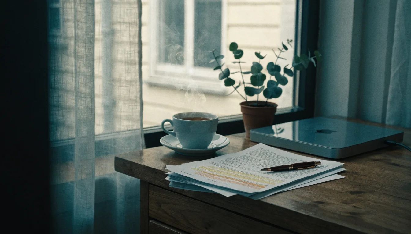 Closed laptop, legal papers, and tea on a bright Australian home desk.