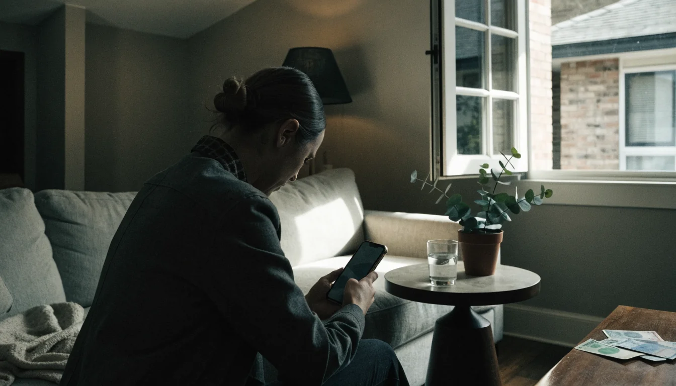 Person with smartphone relaxing in sunlit Australian living room near potted eucalyptus.