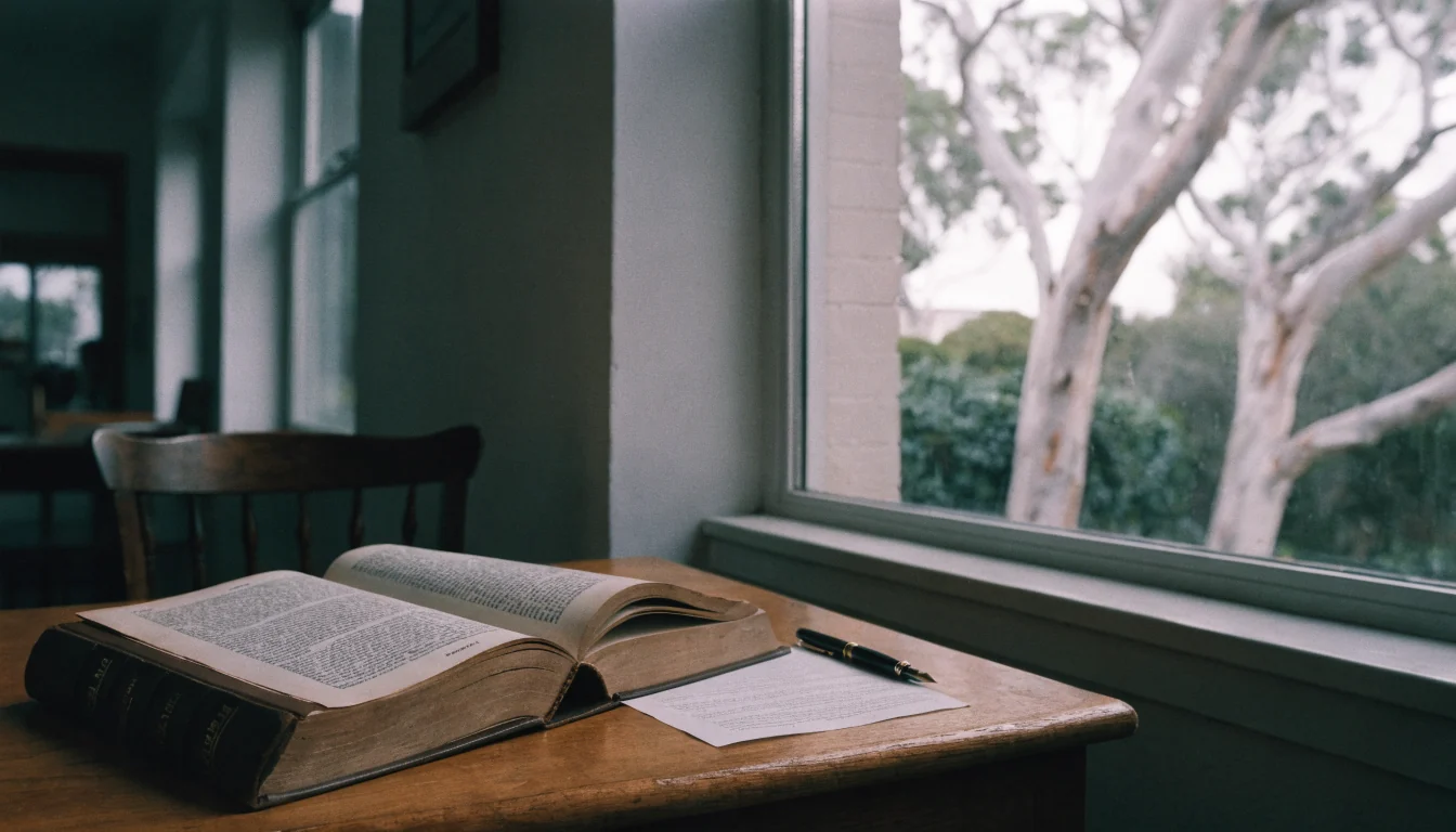 Wooden desk with an open legal book, fountain pen, and paper in a sunlit Australian office.
