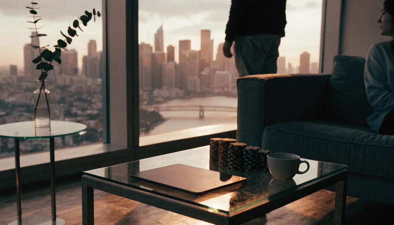 Australian apartment lounge with tablet, casino chips, flat white coffee, and harbour skyline at sunset