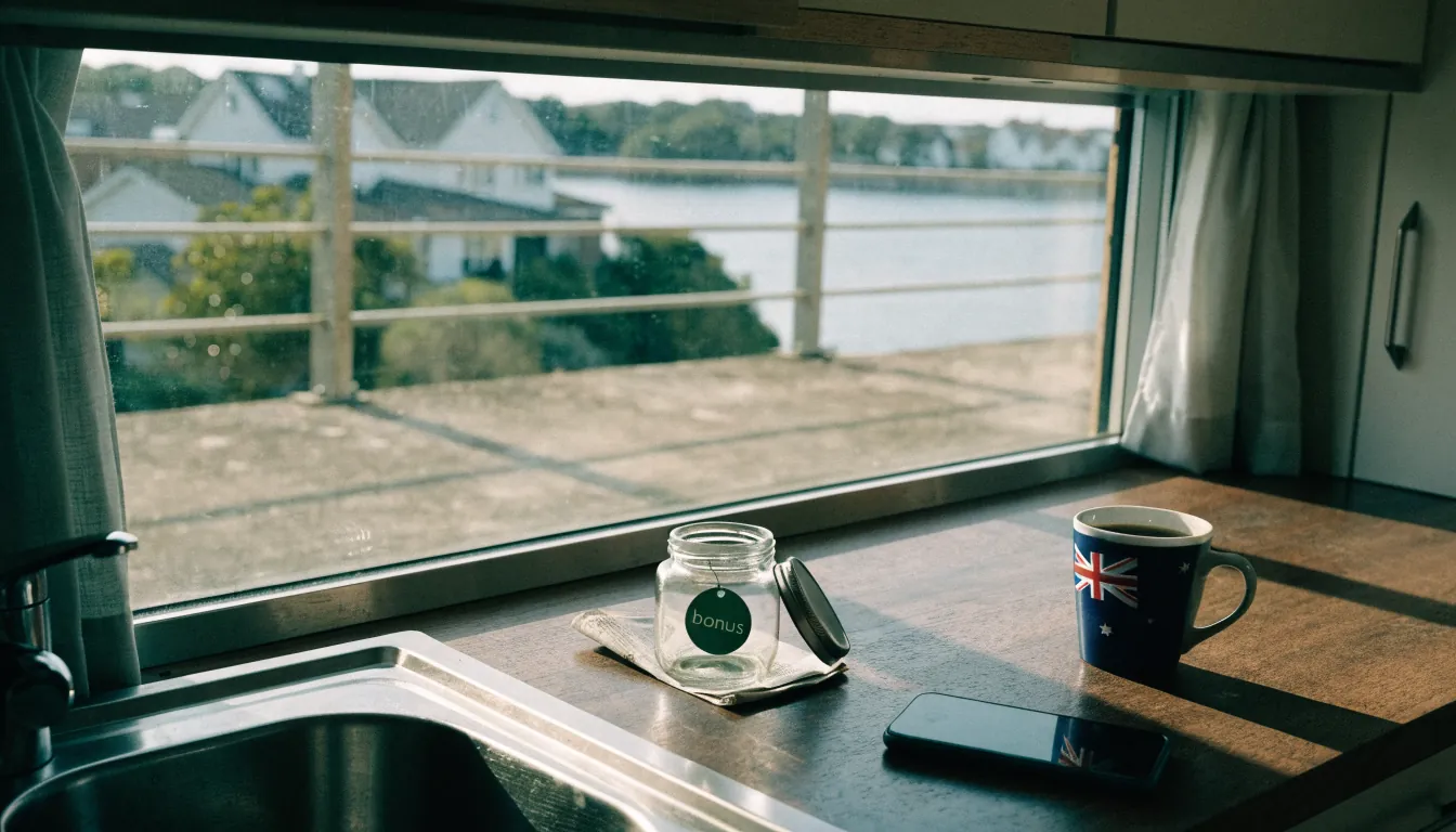 Clear jar with a bonus coin on a sunlit Australian apartment counter beside a smartphone.