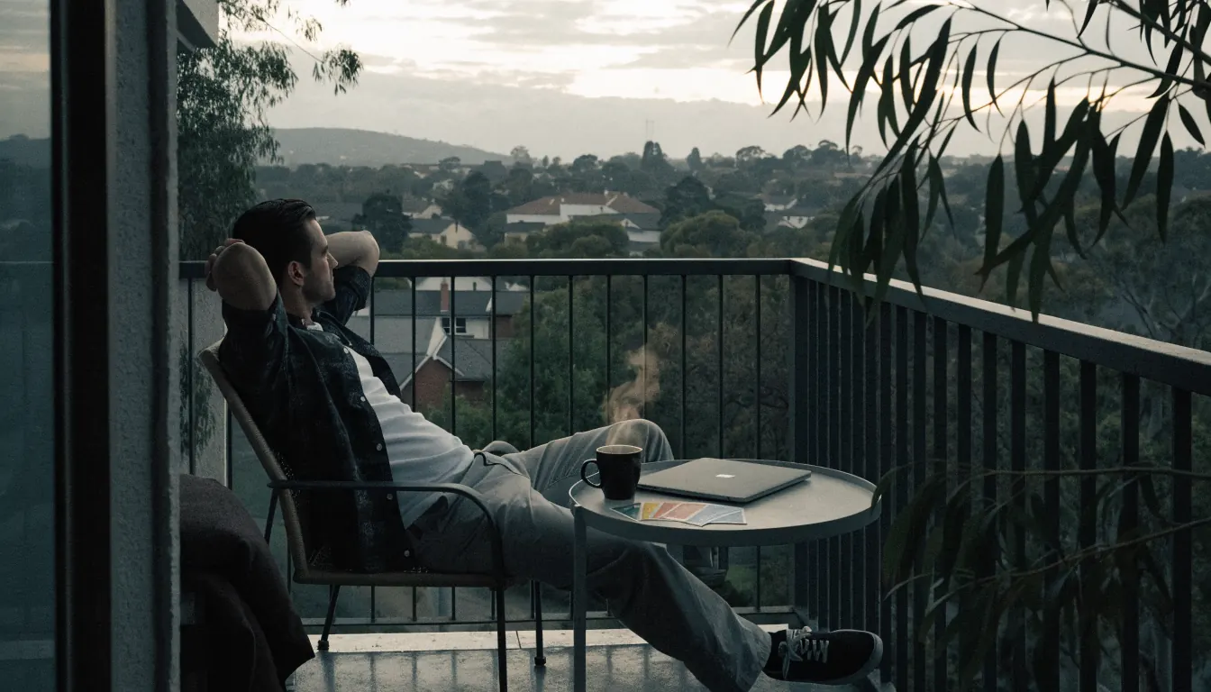 Australian player with closed laptop, coffee, and free spin vouchers on a balcony at dusk.