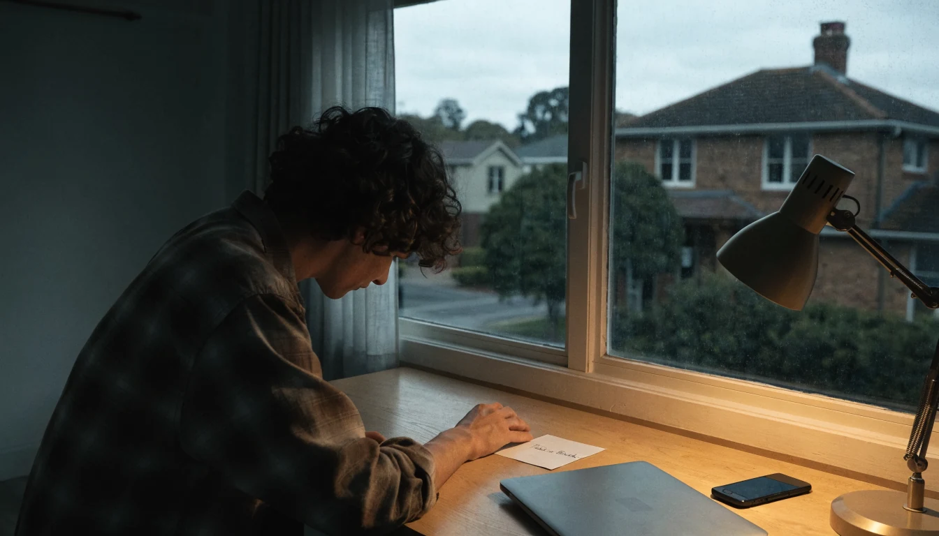 Person at home desk with closed laptop and break reminder note