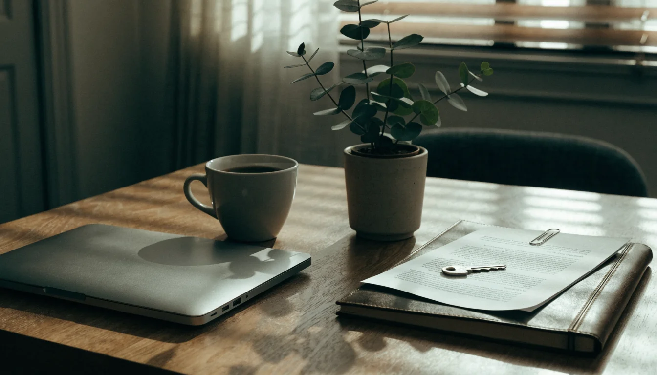 Sunlit home office desk with closed laptop, eucalyptus plant, and a key resting on a letter.