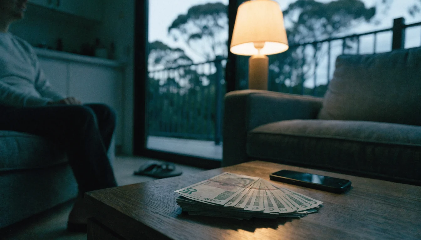 Australian dollars on a coffee table next to a smartphone in a modern Aussie home.