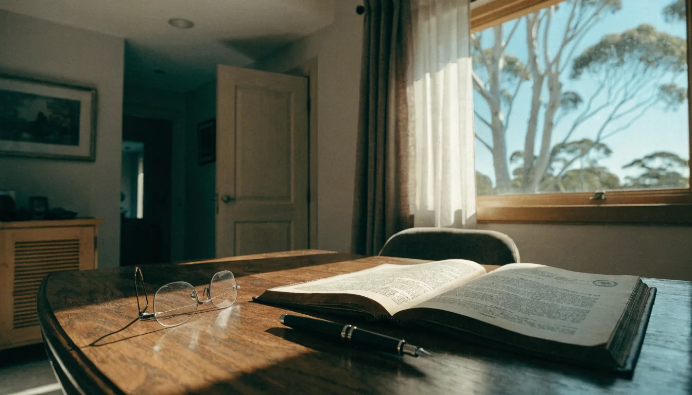 Legal document on a wooden desk with reading glasses, Australia view through the window.