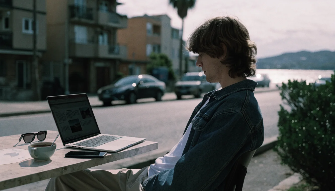 Australian man working on a laptop at a sunny coastal cafe table.